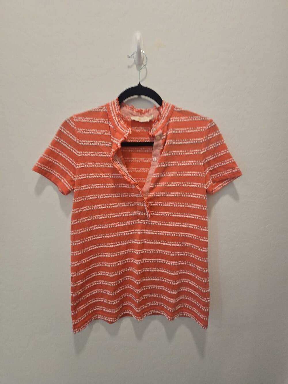 Tory Burch Striped Top Size XS Orange Short Sleeve Ruffle Collar